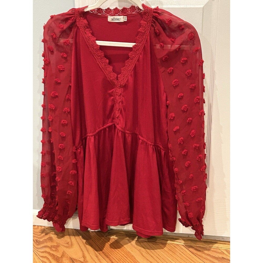 Missky Women's Red Pullover Top With Sheer Pom Pom  Sleeves Size 2XL